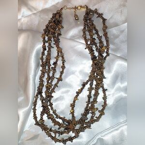 Vintage Tigers Eye Chip And Glass Bead Necklace Four Strands,Gold Tone Findings